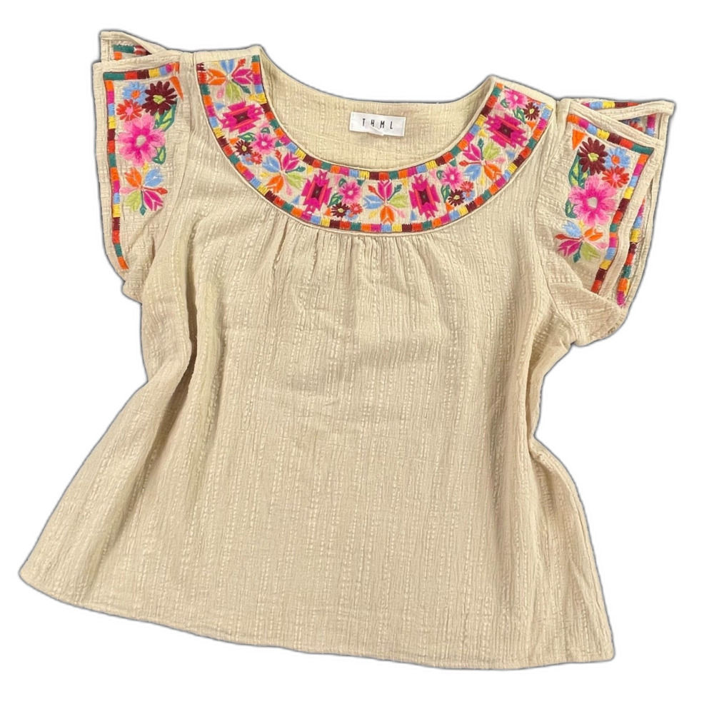 THML Boho Embroidered Flutter Sleeve Top S Cream Cotton Floral Peasant Blouse